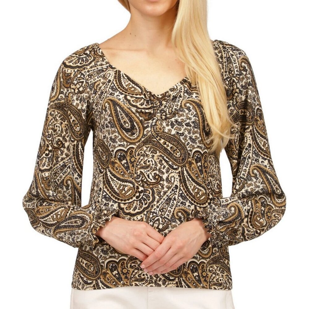 MICHAEL Michael Kors Petite Paisley Prints Beige Ruched Casual Top M